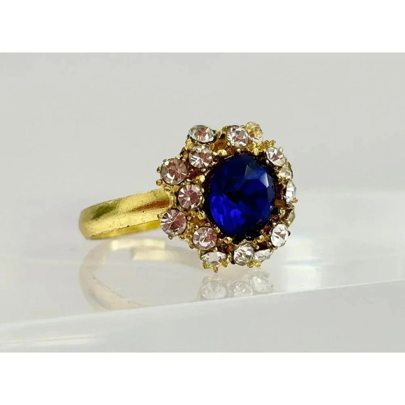 Vintage Gold Tone Blue Gemstone Halo Floral Adjustable Multi Stone Ring - size 9 - Picture 1 of 9